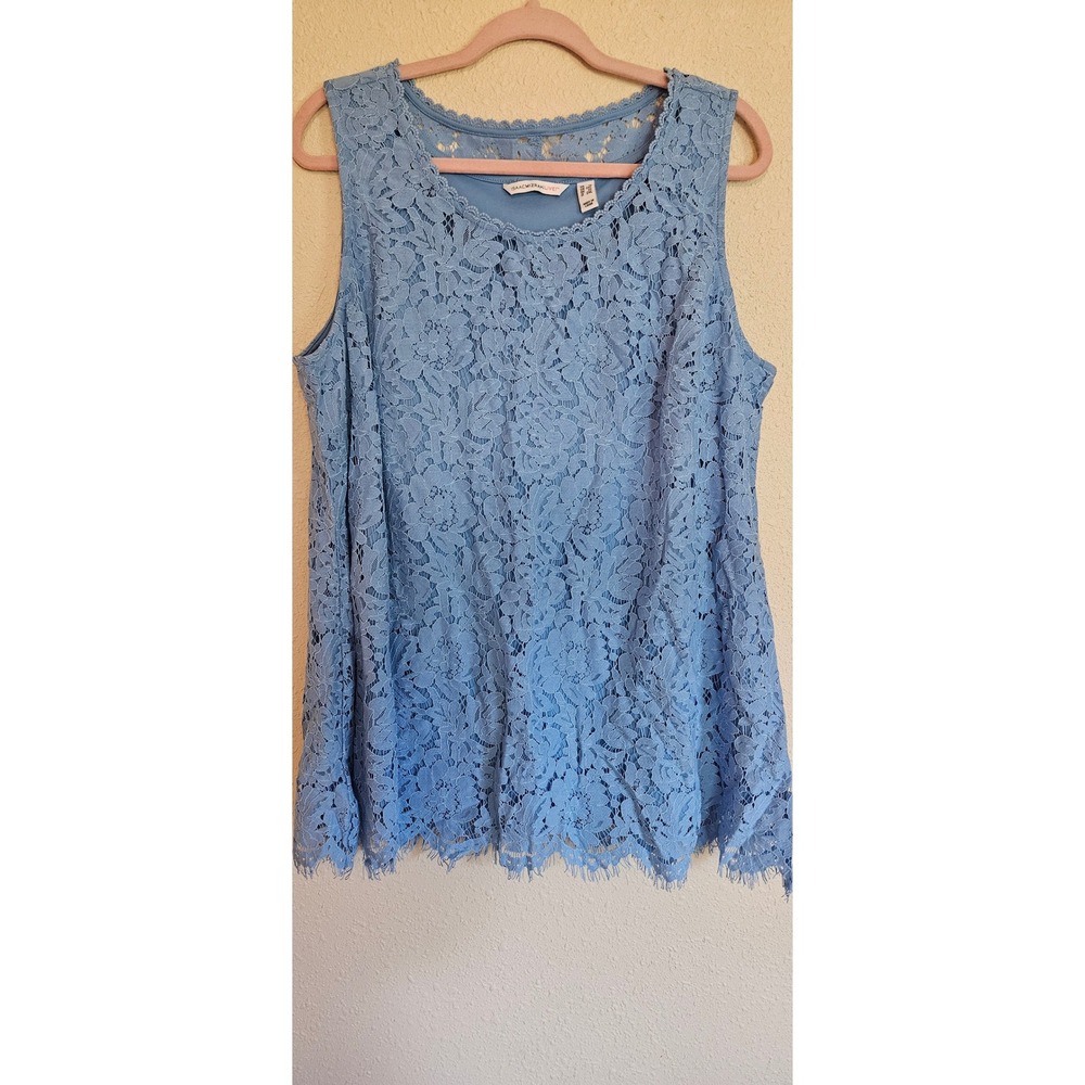 Isaac Mizrahi Live Blue Floral Lace Sleeveless Top Scallop Hem Plus Size 1X